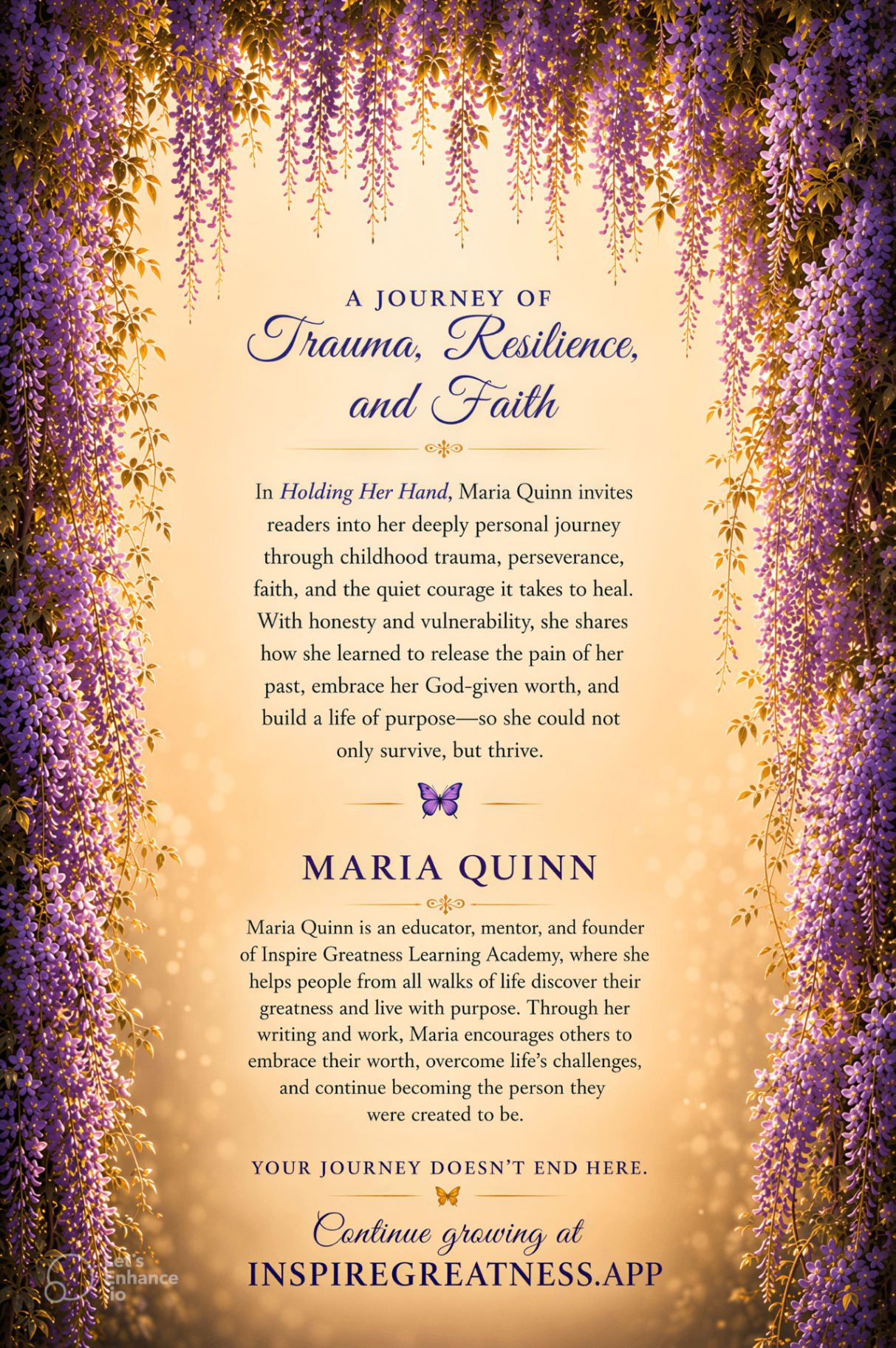 Back cover of Holding Her Hand showing the book description and author bio